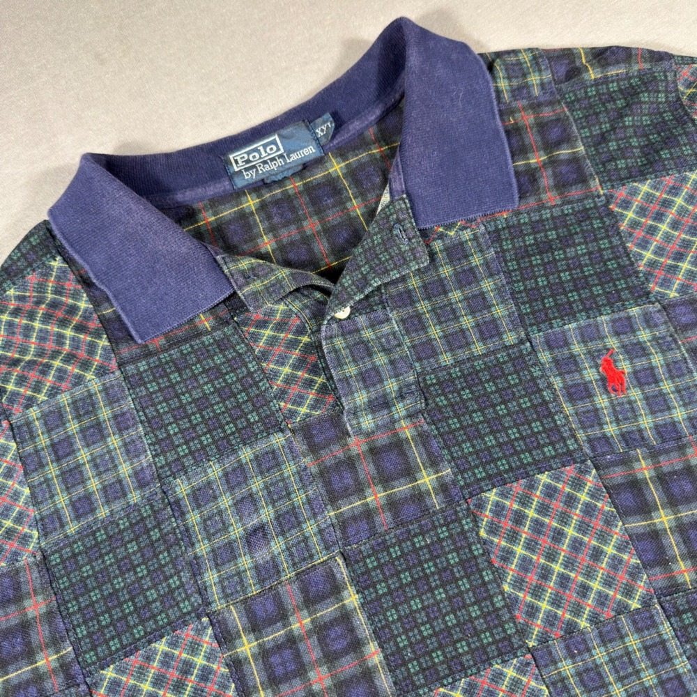 Polo Ralph Lauren Patchwork Plaid Polo Shirt Mens XXL Blue Green Tartan Pique
